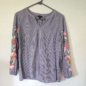Talbots Blue Striped Blouse With Floral Sleeves Size Small Petite
